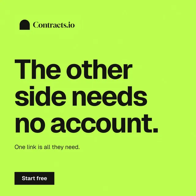 Instagram post for contracts.io: "The other side needs no account." Swiss style, announce layout, light palette in green.