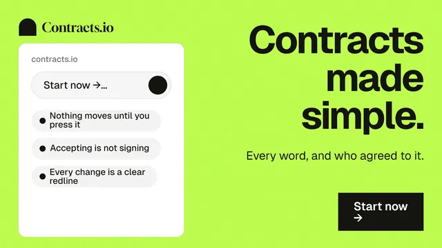 Landscape graphic for contracts.io: "Contracts made simple." Swiss style, right layout, light palette in green.