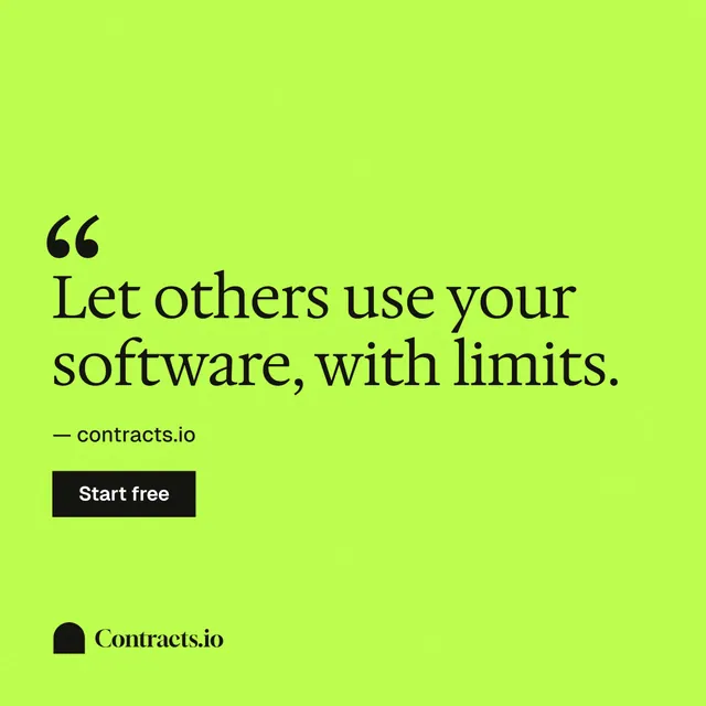 Instagram post for contracts.io: "Let others use your software, with limits." Swiss style, quote layout, light palette in green.