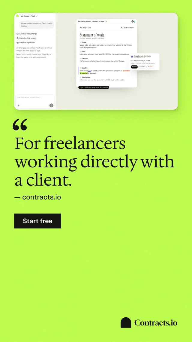 Instagram story for contracts.io: "For freelancers working directly with a client." Swiss style, quote layout, light palette in green.