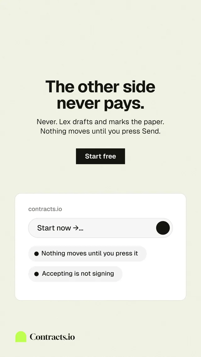 Instagram story for contracts.io: "The other side never pays." Swiss style, centred layout, light palette in white.