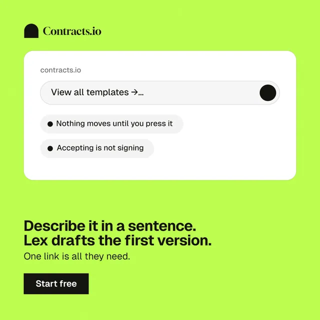 Instagram post for contracts.io: "Describe it in a sentence. Lex drafts the first version." Swiss style, bottom layout, light palette in green, white.
