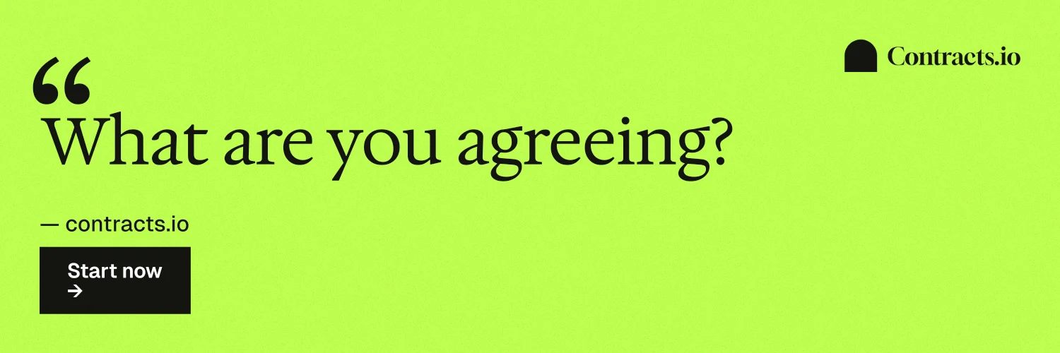 X header for contracts.io: "What are you agreeing?" Swiss style, quote layout, light palette in green.