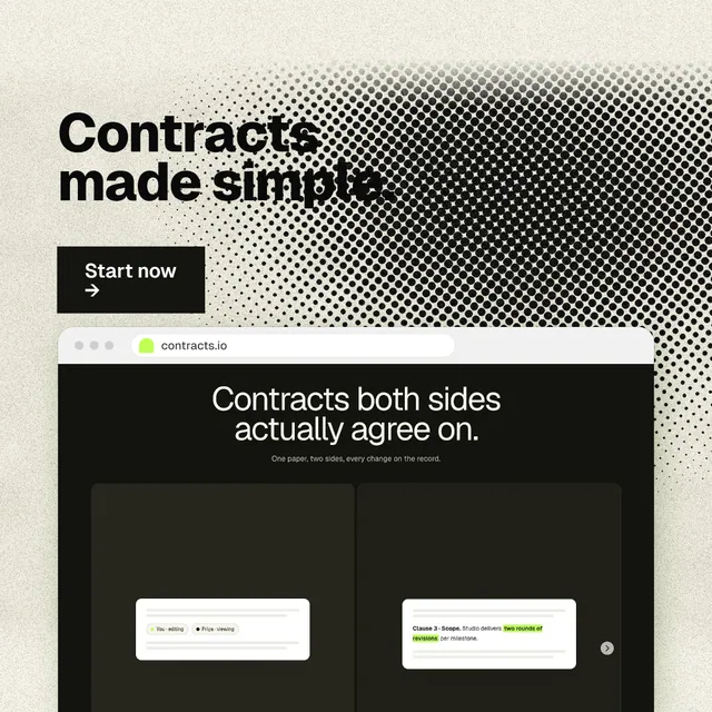Instagram post for contracts.io: "Contracts made simple." Ink sticker style, browser layout, light palette in black, yellow, white.