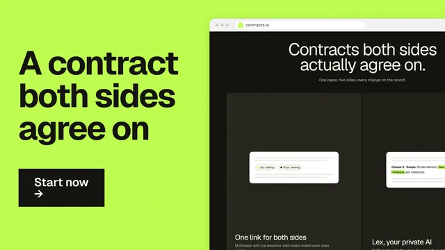 Landscape graphic for contracts.io: "A contract both sides agree on". Swiss style, browser layout, light palette in green, black.