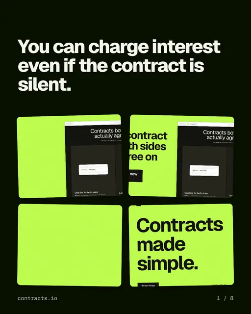 Carousel for contracts.io: "You can charge interest even if the contract is silent.". Collection carousel, 8 slides, dark palette.