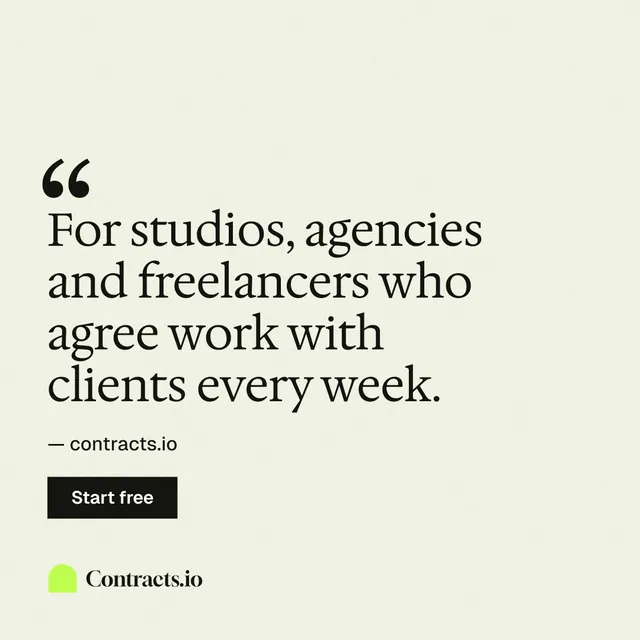 Instagram post for contracts.io: "For studios, agencies and freelancers who agree work with clients every week." Swiss style, quote layout, light palette in white.