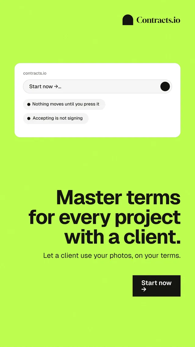 Instagram story for contracts.io: "Master terms for every project with a client." Swiss style, right layout, light palette in green.