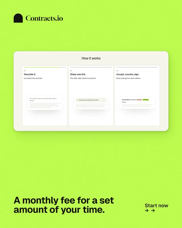 Instagram portrait post for contracts.io: "A monthly fee for a set amount of your time." Swiss style, image led layout, light palette in green, white.