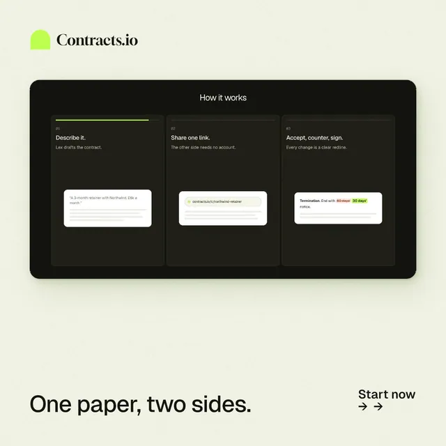 Instagram post for contracts.io: "One paper, two sides." Data card style, image led layout, light palette in white, black, green.