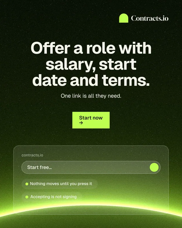 Instagram portrait post for contracts.io: "Offer a role with salary, start date and terms." Swiss style, centred layout, dark palette in green, black.