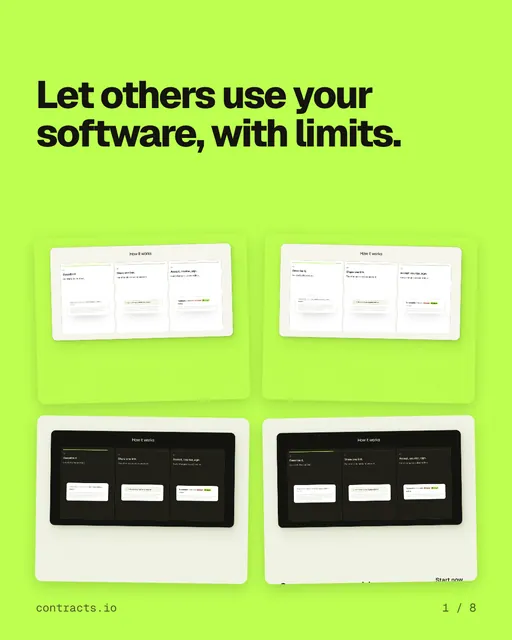 Carousel for contracts.io: "Let others use your software, with limits.". Collection carousel, 8 slides, light palette.