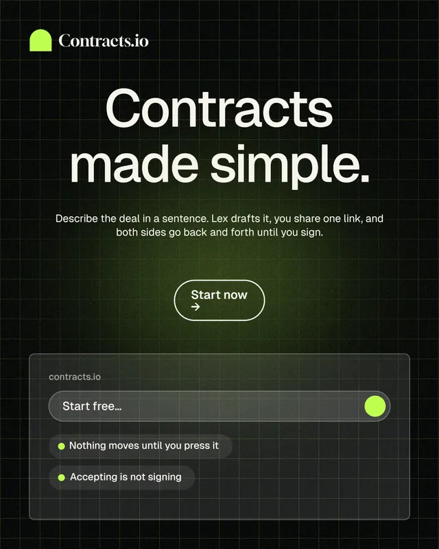 Instagram portrait post for contracts.io: "Contracts made simple." Phosphor atlas style, centred layout, dark palette in black, grey.