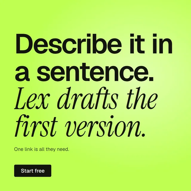 Video for contracts.io: "Describe it in a sentence. Lex drafts the first version.". Doc motion loop, 7.0 s, light palette.