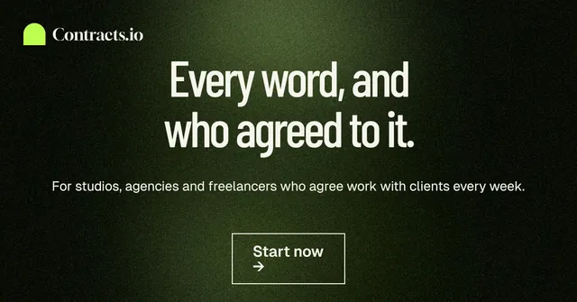 Social ad for contracts.io: "Every word, and who agreed to it." Dark deco style, centred layout, dark palette in black, grey.