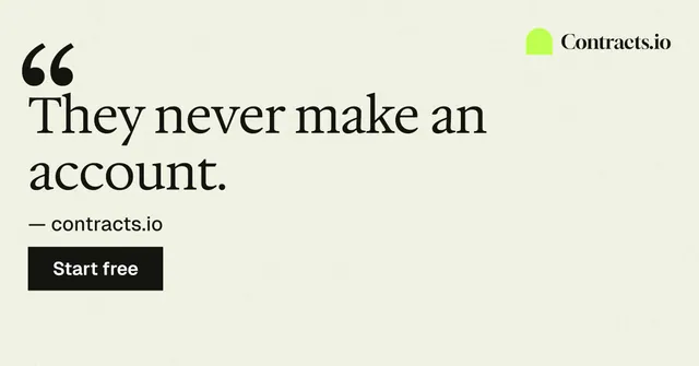 Social ad for contracts.io: "They never make an account." Swiss style, quote layout, light palette in white, yellow, grey.