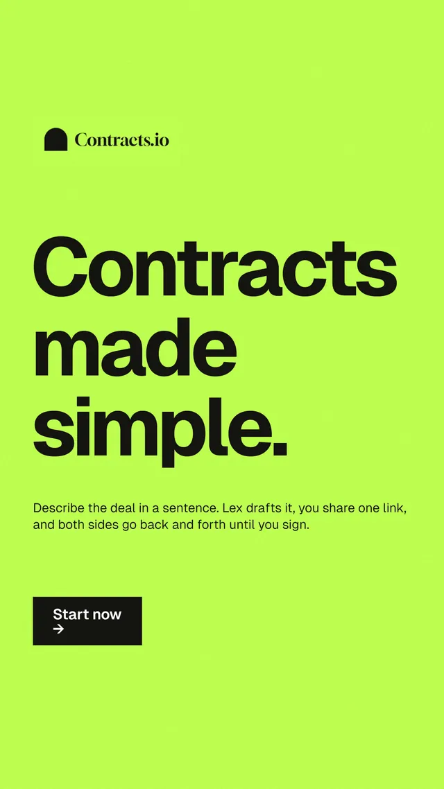 Instagram story for contracts.io: "Contracts made simple." Swiss style, announce layout, light palette in green.