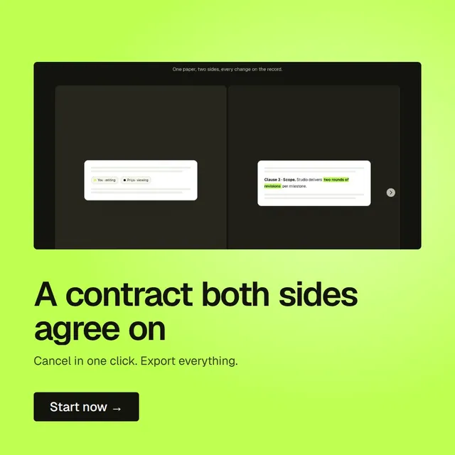 Video for contracts.io: "A contract both sides agree on". Doc motion loop, 8.0 s, light palette.