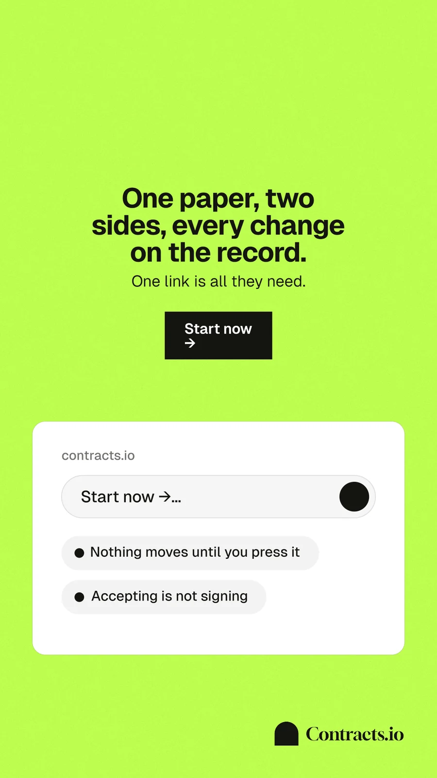 Instagram story for contracts.io: "One paper, two sides, every change on the record." Swiss style, centred layout, light palette in green, white.