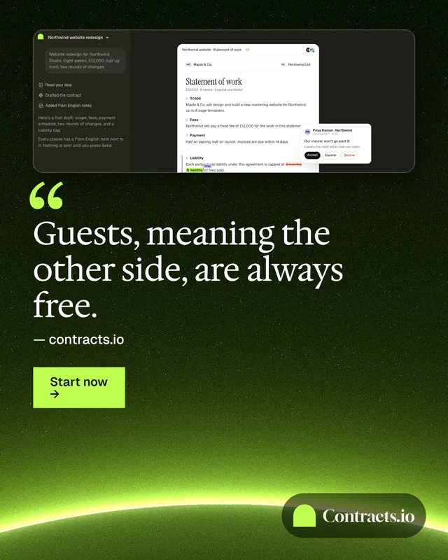 Instagram portrait post for contracts.io: "Guests, meaning the other side, are always free." Swiss style, quote layout, dark palette in green, black.