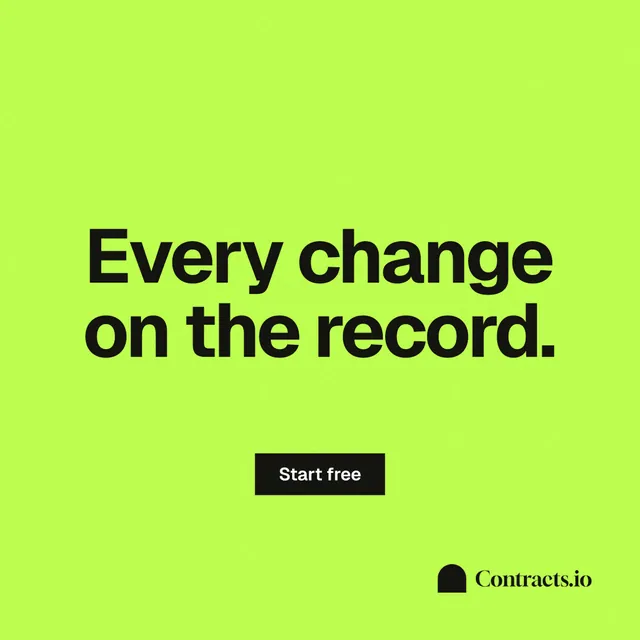 Instagram post for contracts.io: "Every change on the record." Swiss style, centred layout, light palette in green.