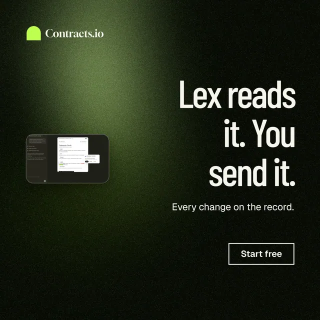 Instagram post for contracts.io: "Lex reads it. You send it." Dark deco style, right layout, dark palette in black, grey.