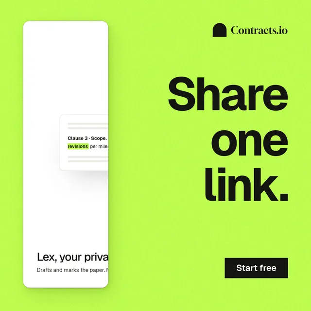 Instagram post for contracts.io: "Share one link." Swiss style, right layout, light palette in green.