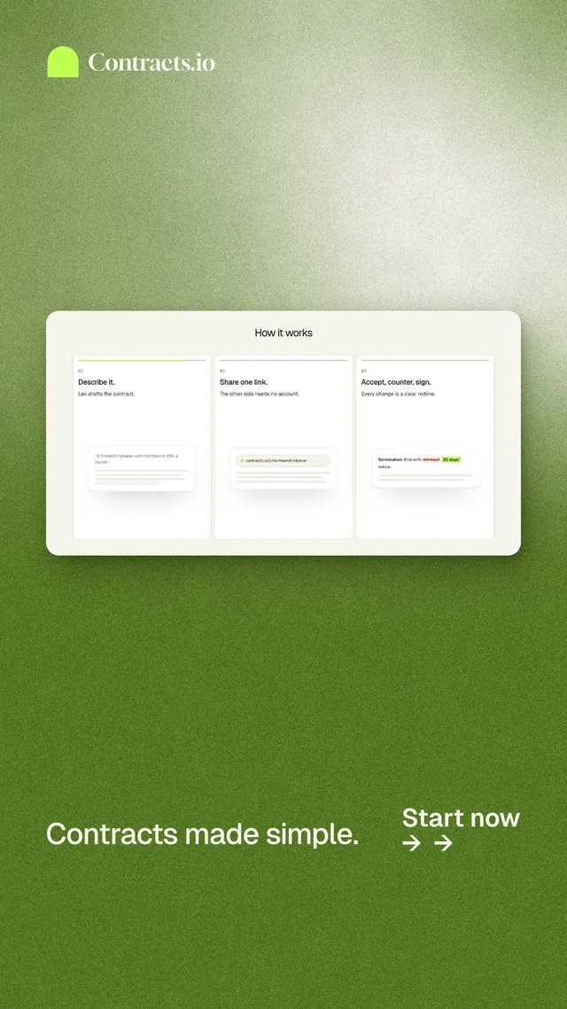 Instagram story for contracts.io: "Contracts made simple." Cyanotype style, image led layout, light palette in green, white, yellow.