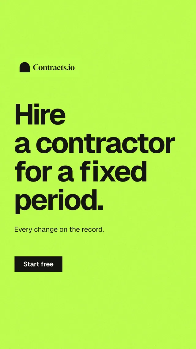 Instagram story for contracts.io: "Hire a contractor for a fixed period." Swiss style, announce layout, light palette in green.