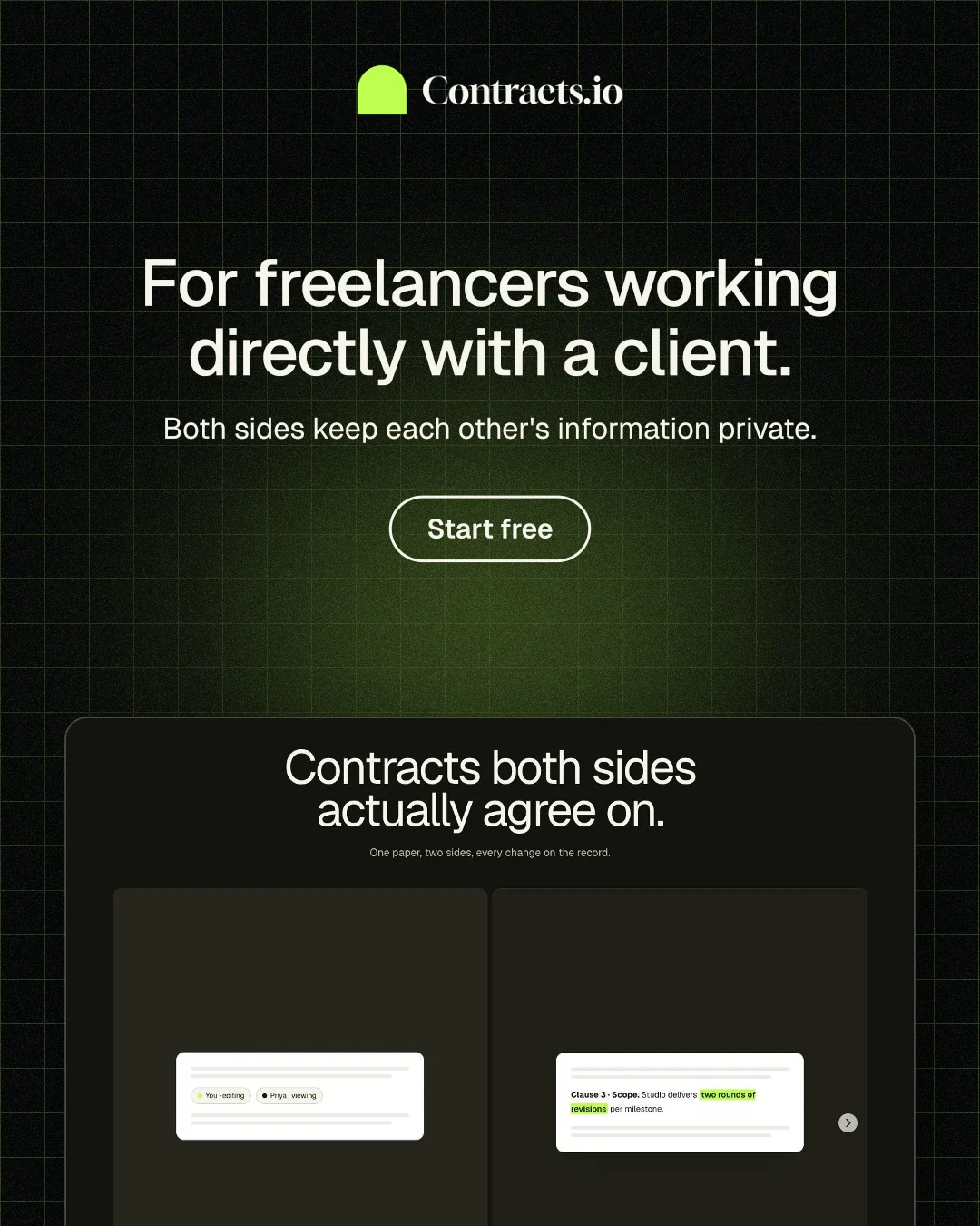 Instagram portrait post for contracts.io: "For freelancers working directly with a client." Phosphor atlas style, centred layout, dark palette in black, grey.