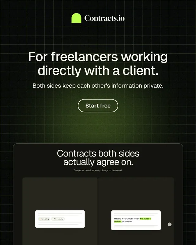 Instagram portrait post for contracts.io: "For freelancers working directly with a client." Phosphor atlas style, centred layout, dark palette in black, grey.