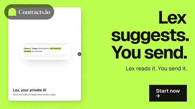 Landscape graphic for contracts.io: "Lex suggests. You send." Swiss style, right layout, light palette in green, white.