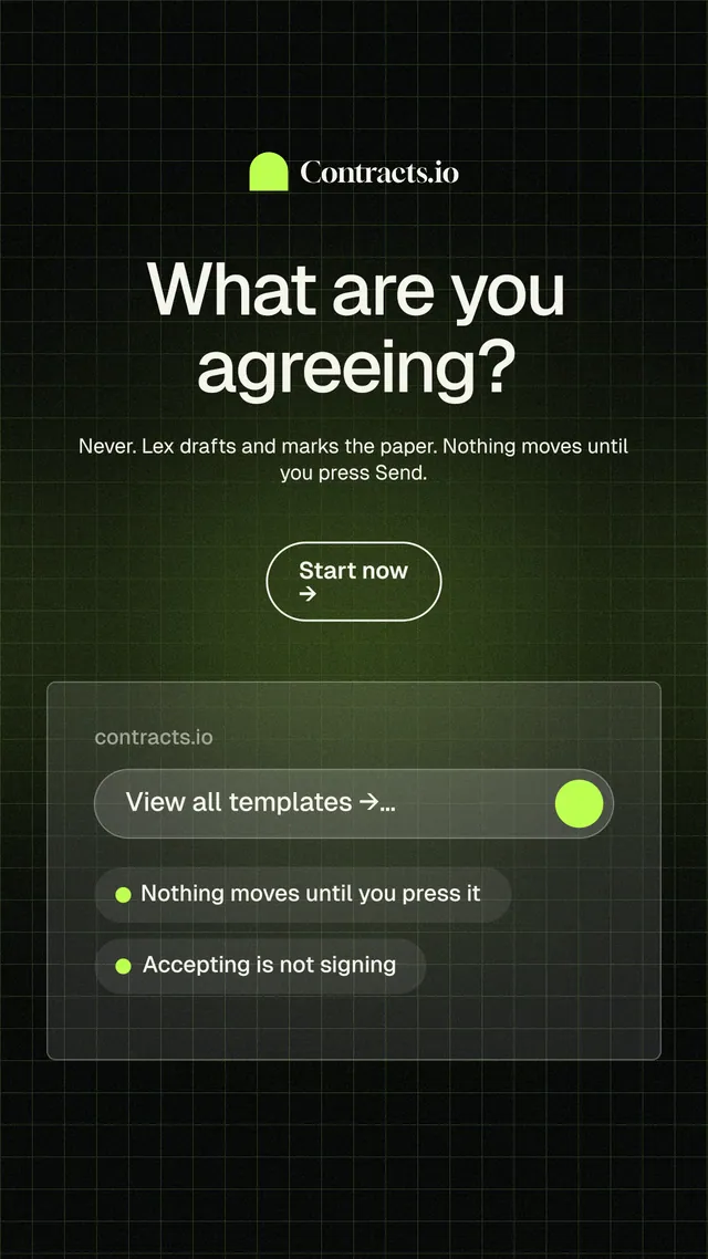 Instagram story for contracts.io: "What are you agreeing?" Phosphor atlas style, centred layout, dark palette in green, black, grey.