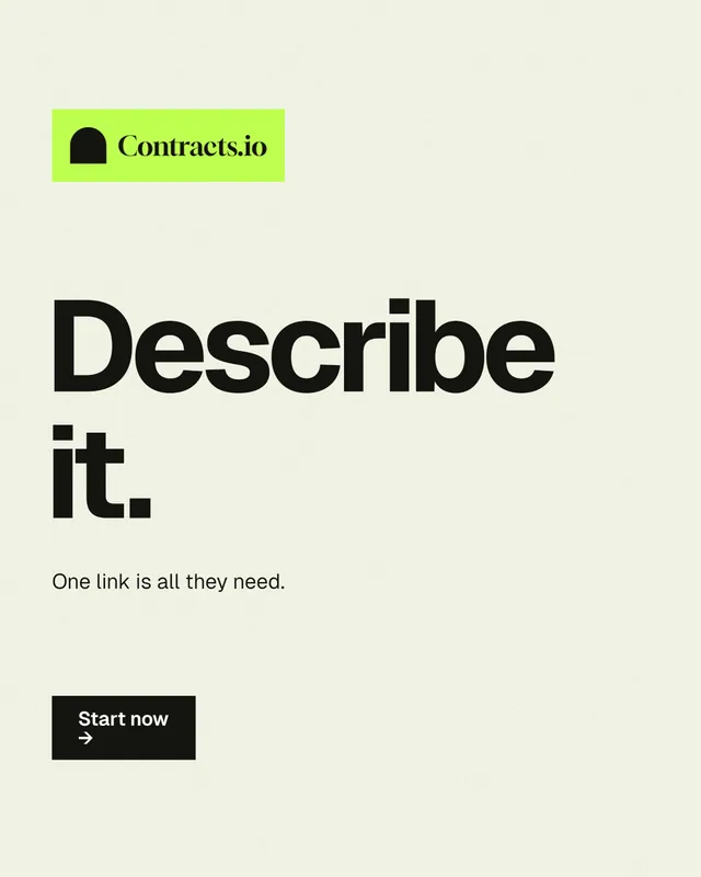 Instagram portrait post for contracts.io: "Describe it." Swiss style, announce layout, light palette in white, yellow, grey.