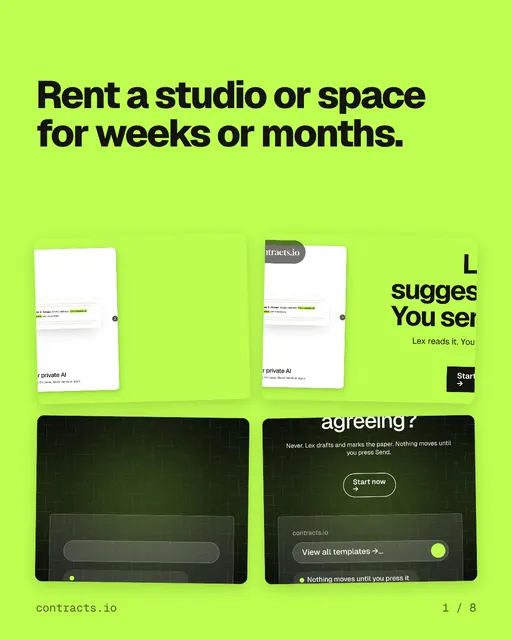 Carousel for contracts.io: "Rent a studio or space for weeks or months.". Collection carousel, 8 slides, light palette.