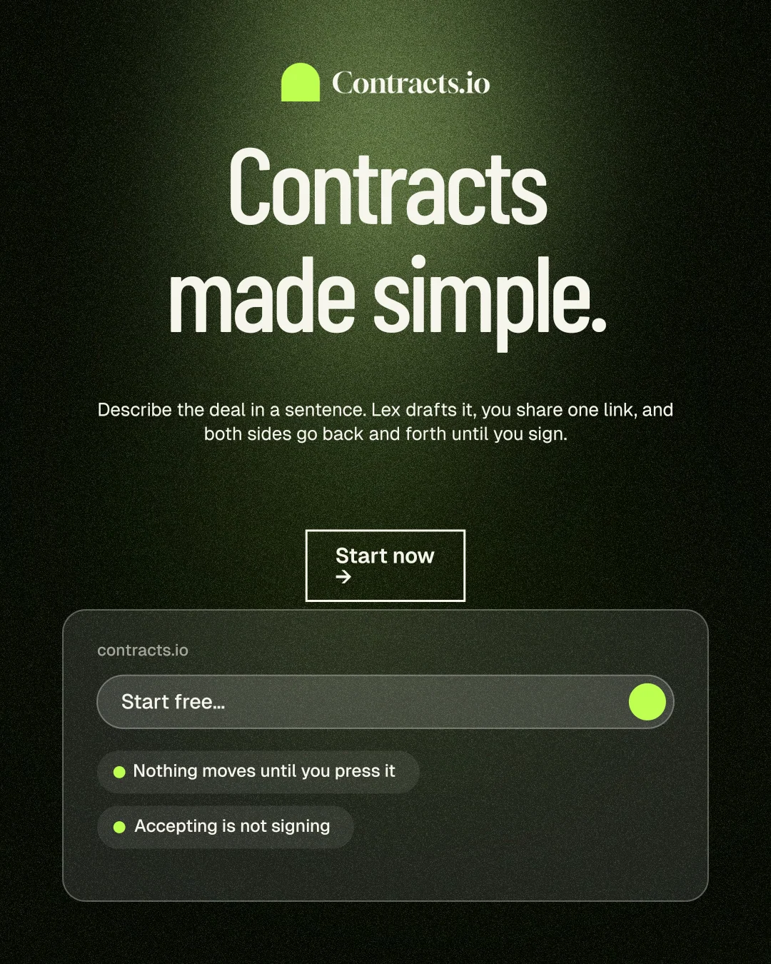 Instagram portrait post for contracts.io: "Contracts made simple." Dark deco style, centred layout, dark palette in green, black, grey.