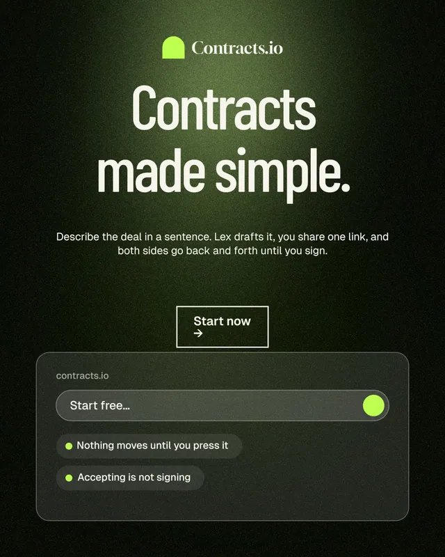 Instagram portrait post for contracts.io: "Contracts made simple." Dark deco style, centred layout, dark palette in green, black, grey.