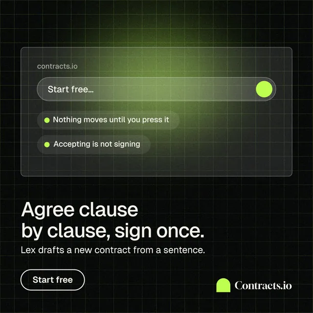Instagram post for contracts.io: "Agree clause by clause, sign once." Phosphor atlas style, bottom layout, dark palette in black, grey.