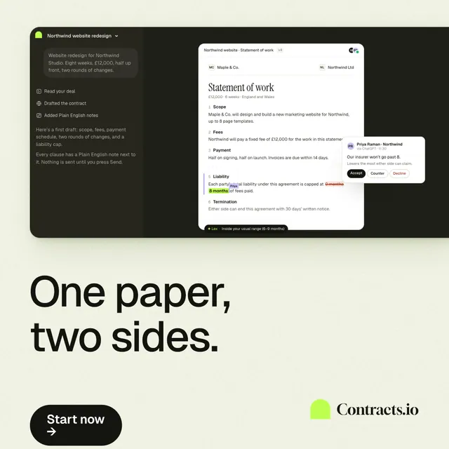 Instagram post for contracts.io: "One paper, two sides." Data card style, bottom layout, light palette in green, black, white.
