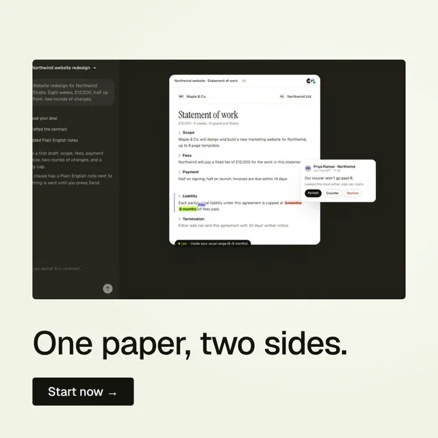Video for contracts.io: "One paper, two sides.". Doc motion loop, 6.0 s, light palette.