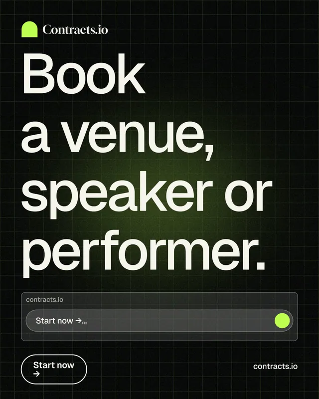 Instagram portrait post for contracts.io: "Book a venue, speaker or performer." Phosphor atlas style, poster layout, dark palette in black, grey.