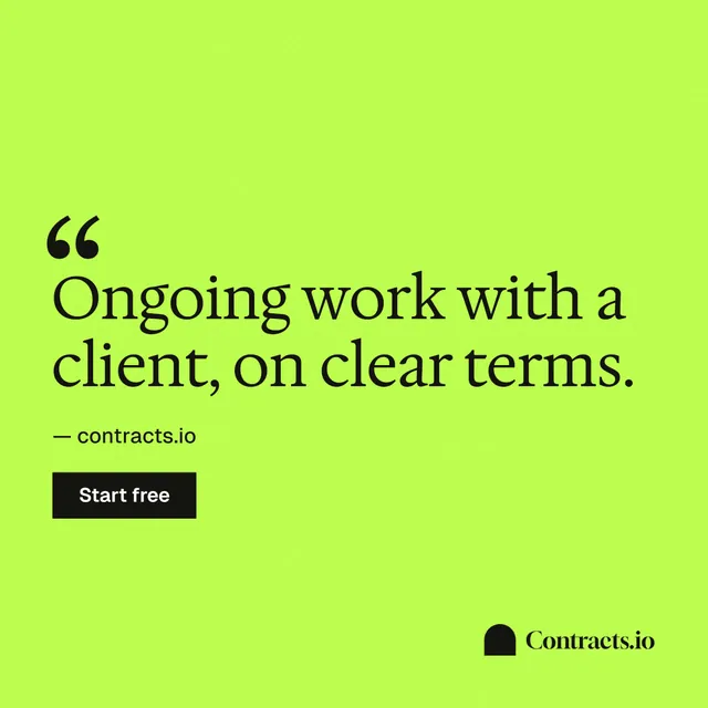 Instagram post for contracts.io: "Ongoing work with a client, on clear terms." Swiss style, quote layout, light palette in green.