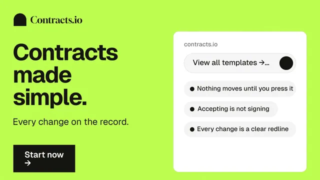 Landscape graphic for contracts.io: "Contracts made simple." Swiss style, bottom layout, light palette in green.