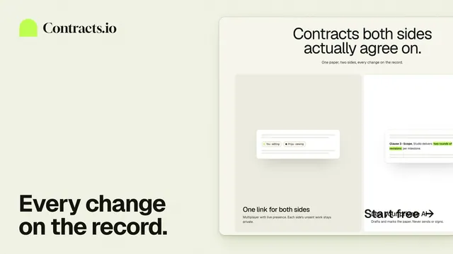 Landscape graphic for contracts.io: "Every change on the record." Swiss style, image led layout, light palette in white, yellow, grey.