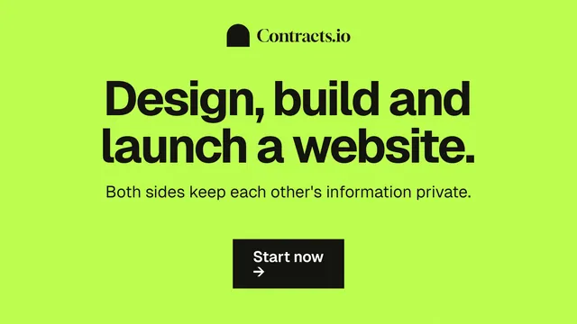 Landscape graphic for contracts.io: "Design, build and launch a website." Swiss style, centred layout, light palette in green.