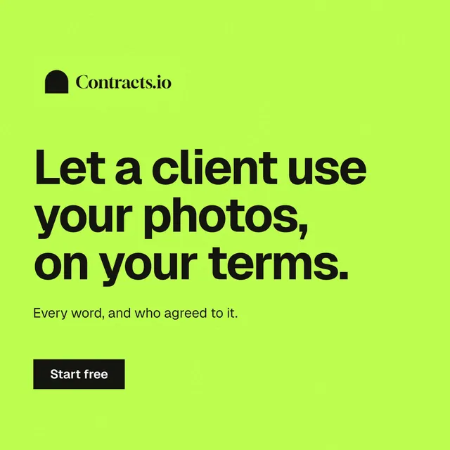 Instagram post for contracts.io: "Let a client use your photos, on your terms." Swiss style, announce layout, light palette in green.
