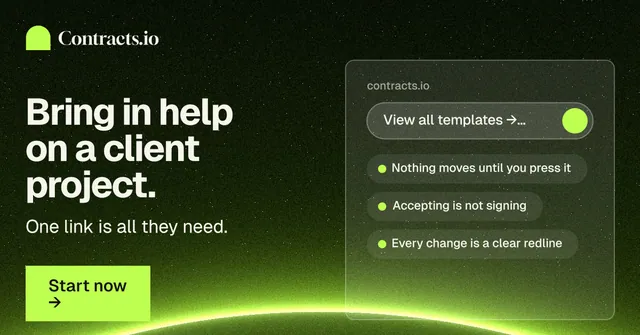 Social ad for contracts.io: "Bring in help on a client project." Swiss style, bottom layout, dark palette in green, black.