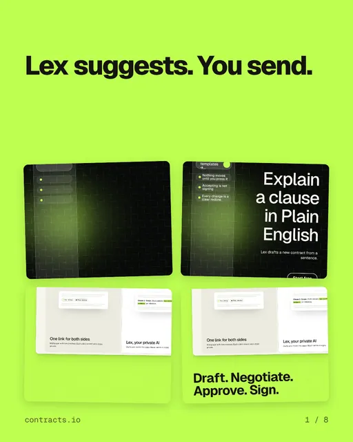 Carousel for contracts.io: "Lex suggests. You send.". Collection carousel, 8 slides, light palette.