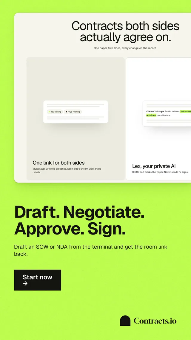 Instagram story for contracts.io: "Draft. Negotiate. Approve. Sign." Swiss style, bottom layout, light palette in green.