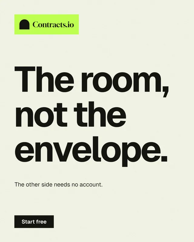 Instagram portrait post for contracts.io: "The room, not the envelope." Swiss style, announce layout, light palette in white, yellow, grey.
